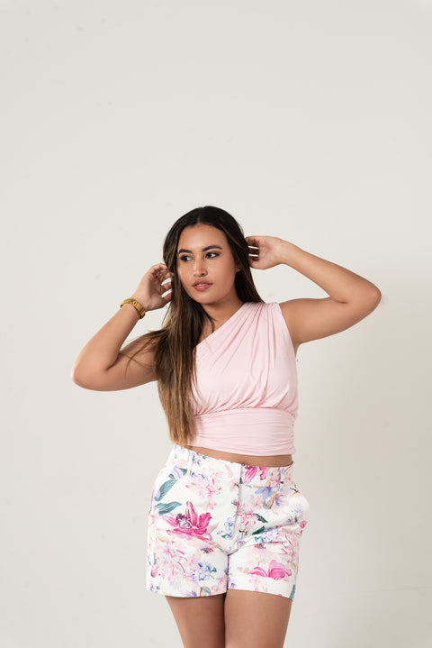 Blusa asimétrica drapeada rosada