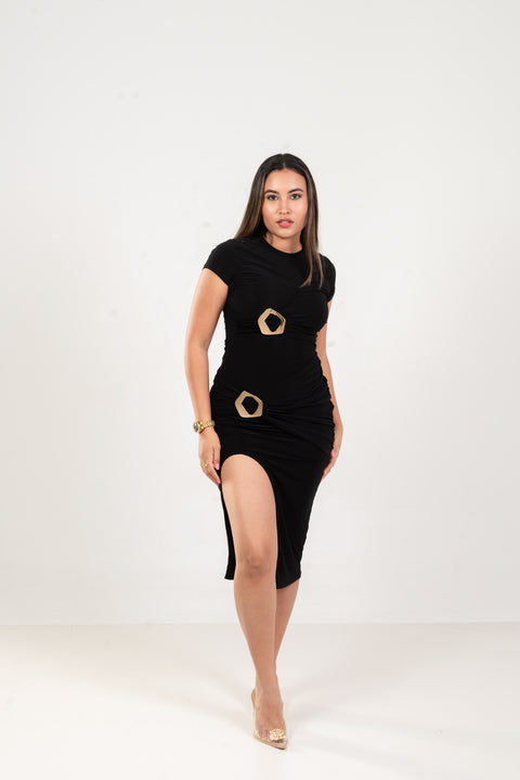 Vestido midi elegante negro con detalle dorado