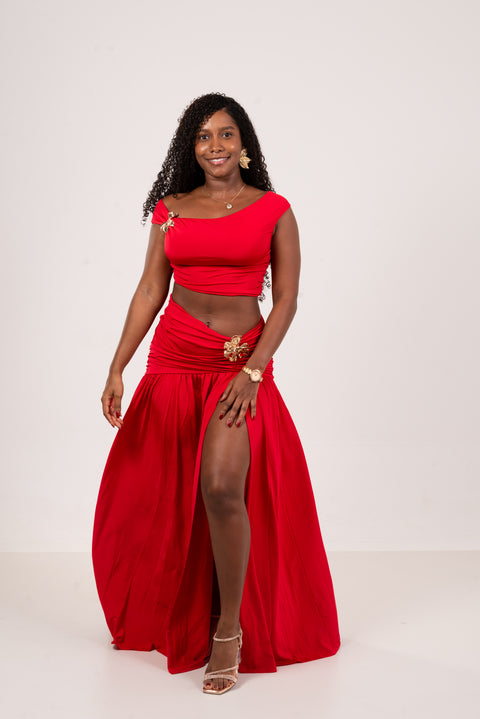 Conjunto off shoulder maxi – top + falda larga
