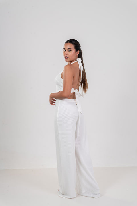 Conjunto elegante blanco marfil pantalón y top