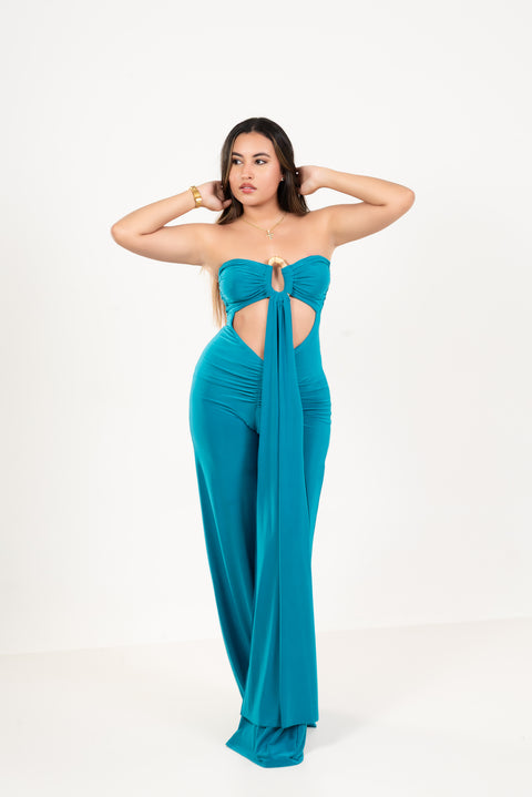 Enterizo strapless wide leg – fruncido con abertura keyhole