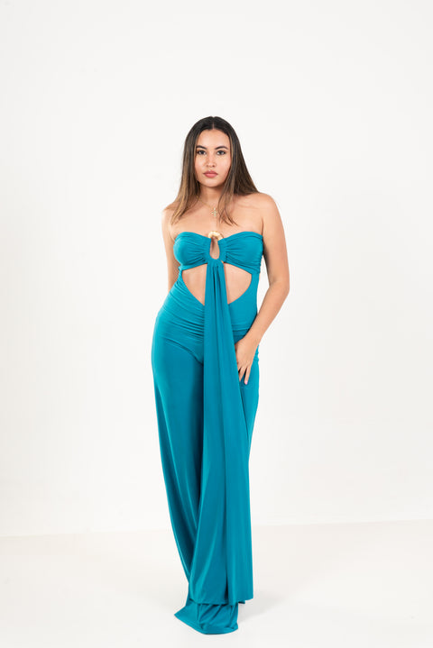 Enterizo strapless wide leg – fruncido con abertura keyhole