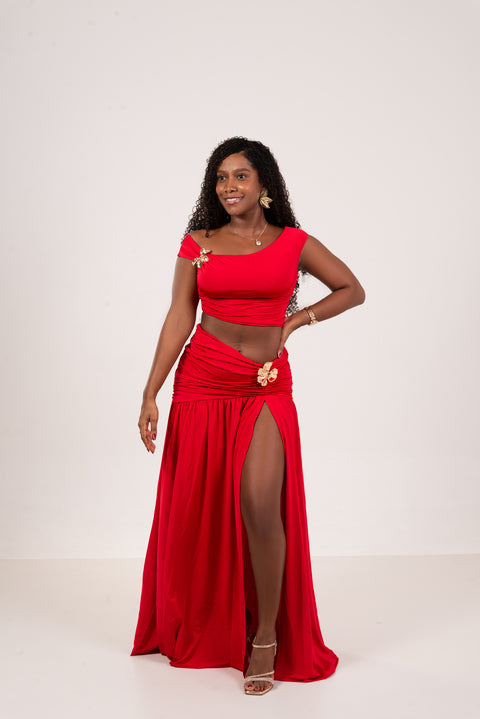 Conjunto off shoulder maxi – top + falda larga