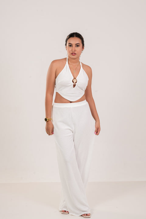 Conjunto elegante blanco marfil pantalón y top