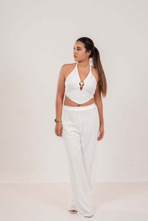 Conjunto elegante blanco marfil pantalón y top