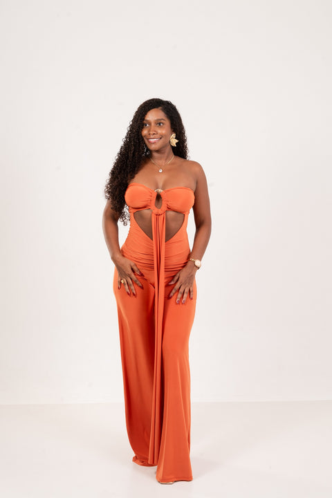 Enterizo strapless wide leg – fruncido con abertura keyhole